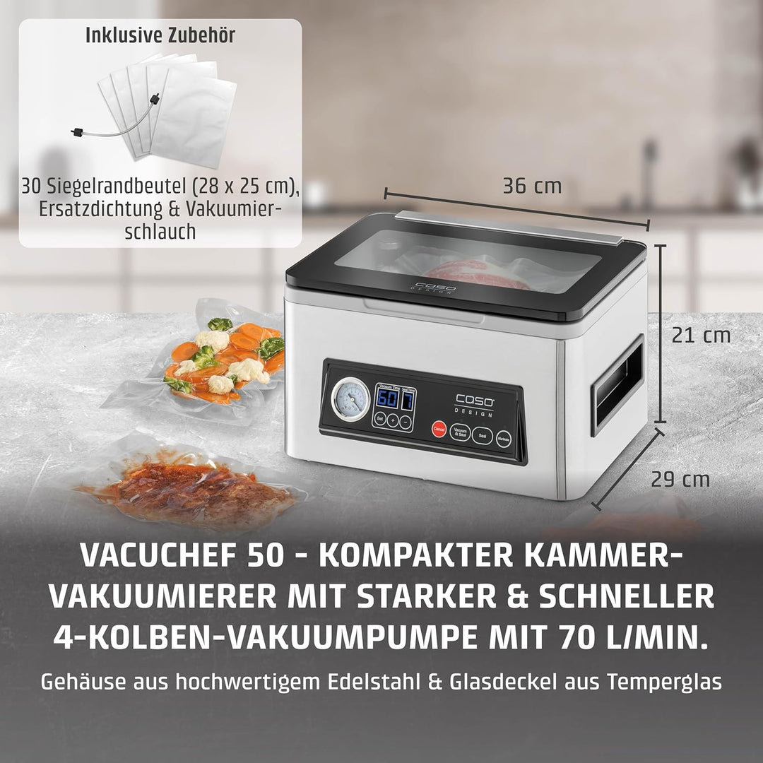 CASO VacuChef 50 - Kammervakuumierer aus Edelstahl, 70 l/min, 4 Kammervolumen, doppelte Schweissnaht