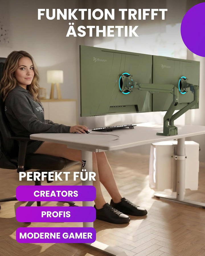 Arozzi Alzare Neo Duo Monitorarm mit Gasfeder - 2 Arme, für 43–86 cm Monitore, VESA 75/100, 360° dre