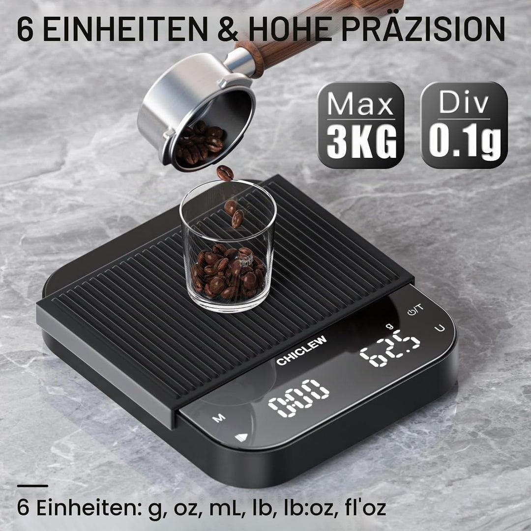 Wiederaufladbare Kaffeewaage mit Timer, 3 kg/0,1g Espresso Waage für Pour-Over Kaffee, 3 Modi &amp; 6 Ei
