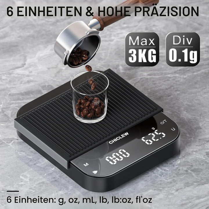 Wiederaufladbare Kaffeewaage mit Timer, 3 kg/0,1g Espresso Waage für Pour-Over Kaffee, 3 Modi &amp; 6 Ei