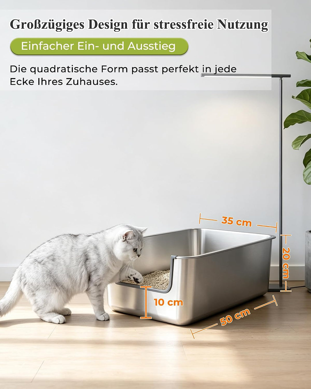 Katzenklo Edelstahl niedriger Einstieg, Katzentoilette mit hoher Rand 20CM. | 50x35cm Metall Katzent