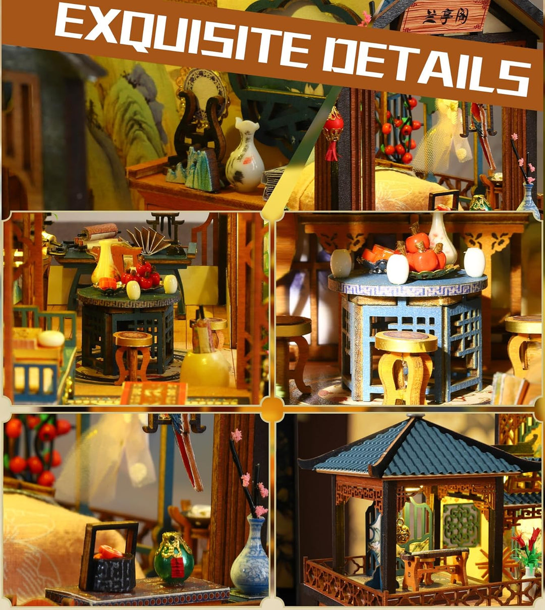 Spilay DIY Miniature House, Chinesisches Gartenhaus Miniatur Puppenhaus mit Musikbox & Staubschutzha