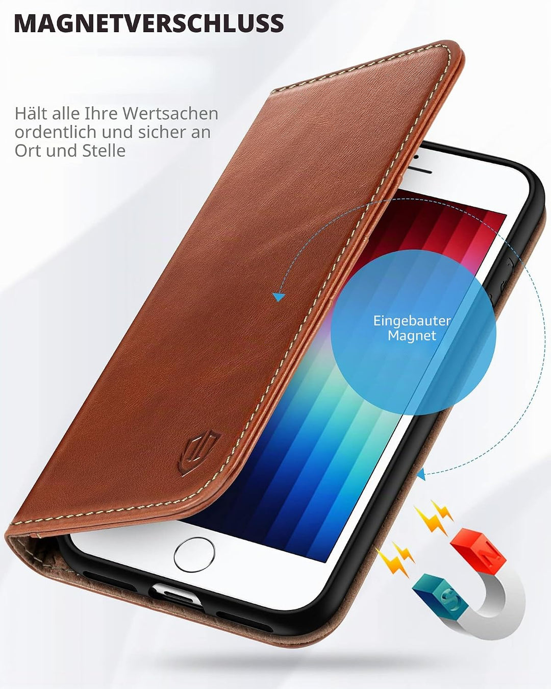 SHIELDON Hülle für iPhone SE 2022/iPhone 8 5G Handyhülle [Rindsleder] [Kartenfach] [Stand], Schutzhü