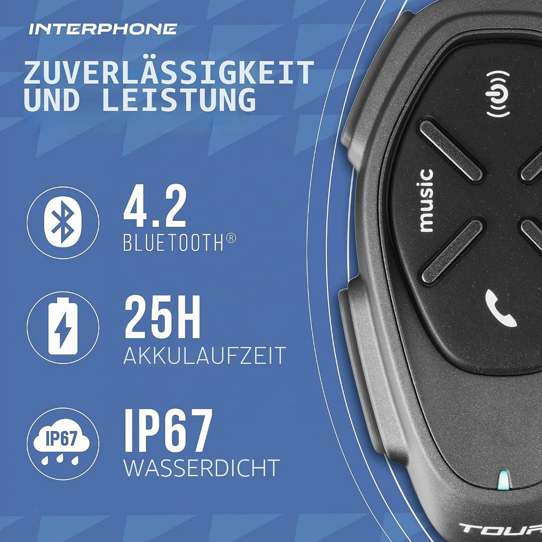 INTERPHONE Tour - Einzelpack - Bluetooth-Kommunikationssystem für Motorräder - Bis zu 4 Reiters, 1,5