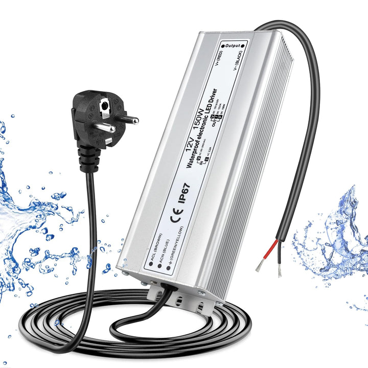 LED Trafo 12V 150W IP67, Outdoor Wasserdicht Transformator mit Stecker, LED Netzteil Treiber 230V au