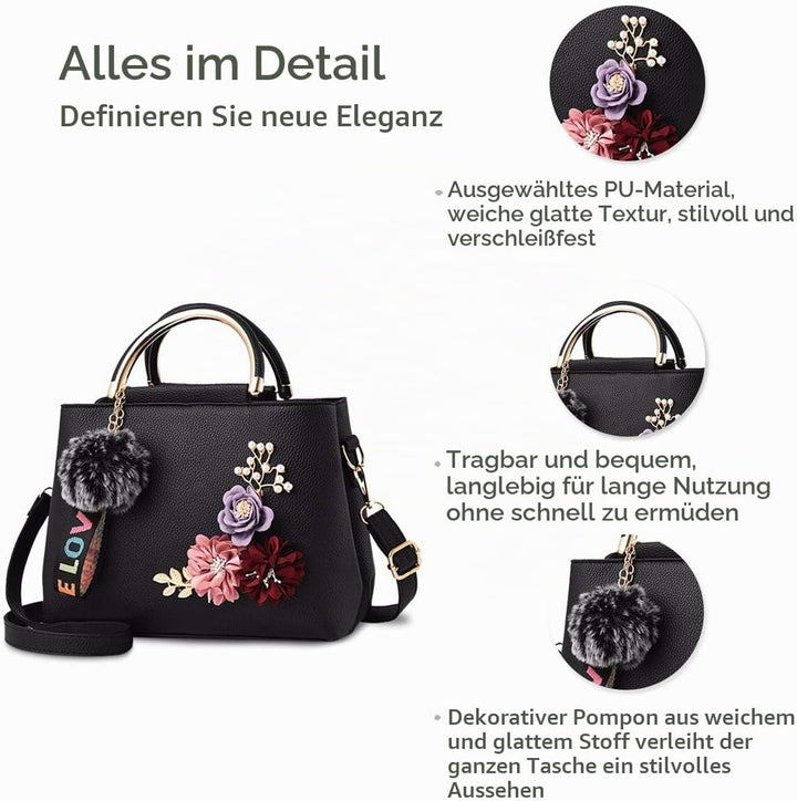 NICOLE &amp; DORIS Damen Leder Handtasche Umhängetaschen mit Blume Jahrgang Griff Tasche Designer Tote G