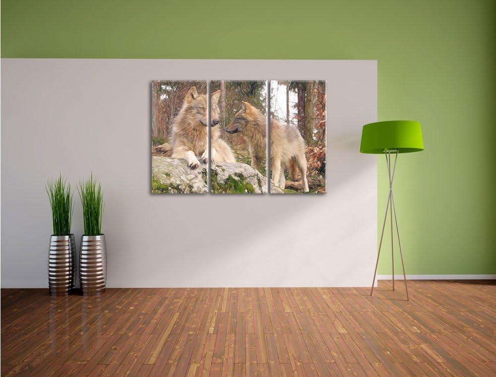 Pixxprint Wölfe im Wald als Leinwandbild/Grösse: 3 Teilig (120x80) / Wandbild/Kunstdruck/fertig besp