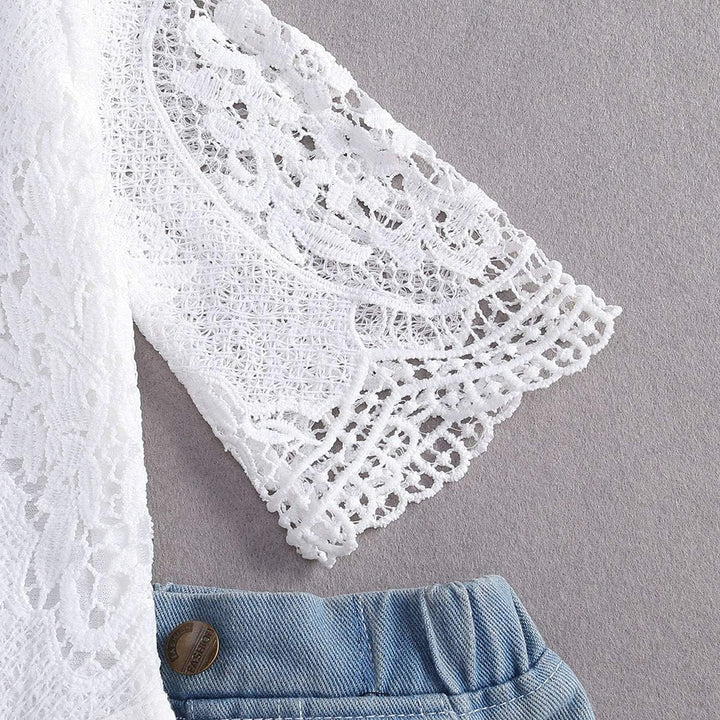 Juflam Kleinkind Kleinkind Baby Mädchen Kleidung Bestickte Spitze Strampler Zerrissene Jeans Denim H