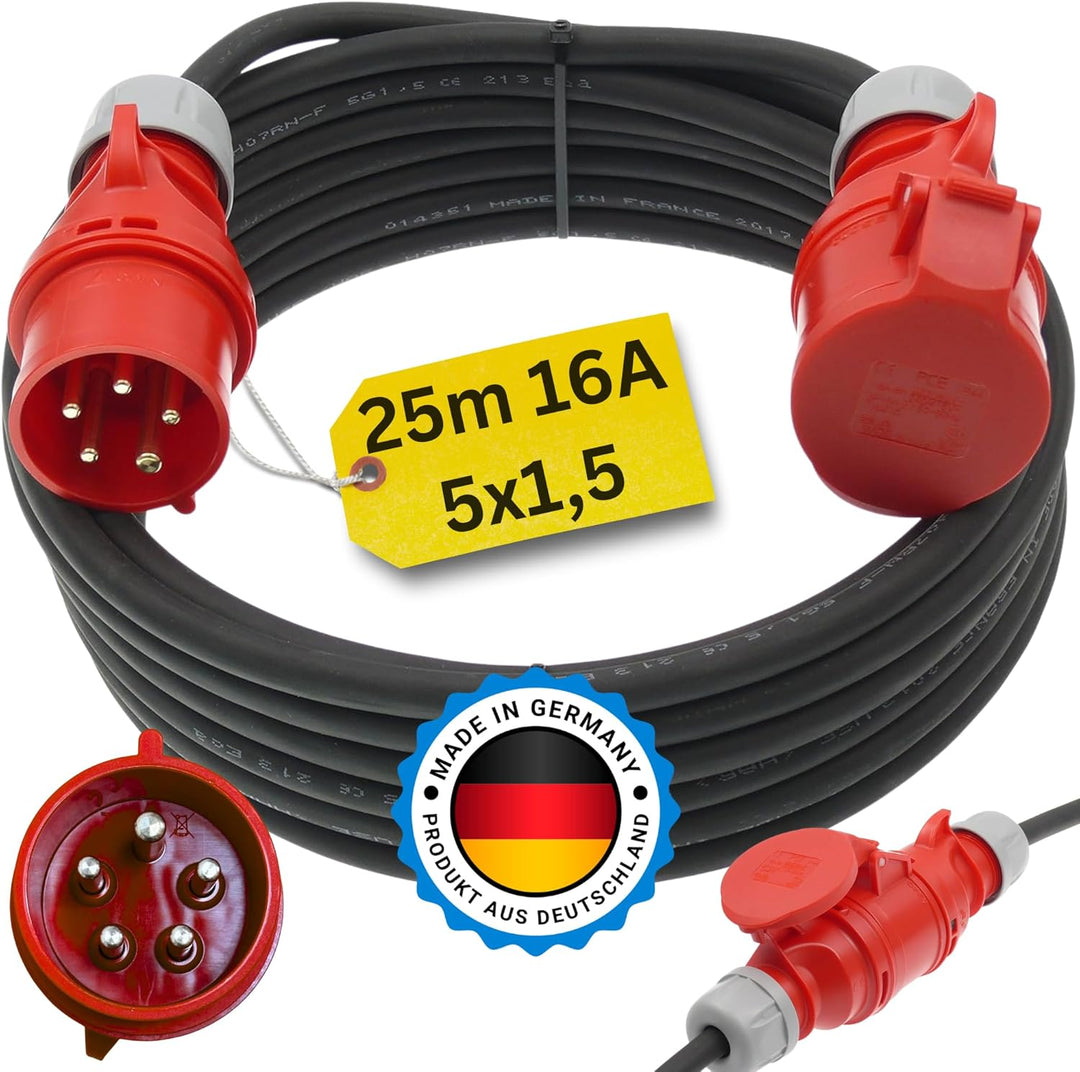 25m CEE Starkstromkabel Verlängerungskabel 16A 400V Gummileitung H07RN-F 5g1,5 mm² IP44 aussen