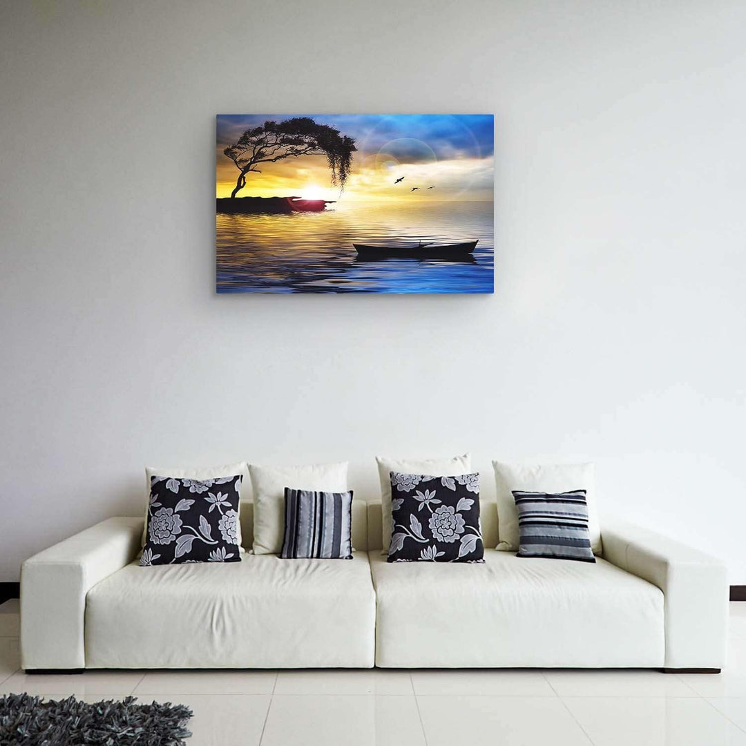 Startonight Bilder Blauer Landschaft Baum, Boot und Meer, Leinwandbilder Moderne Kunst, Abstrakte Wa