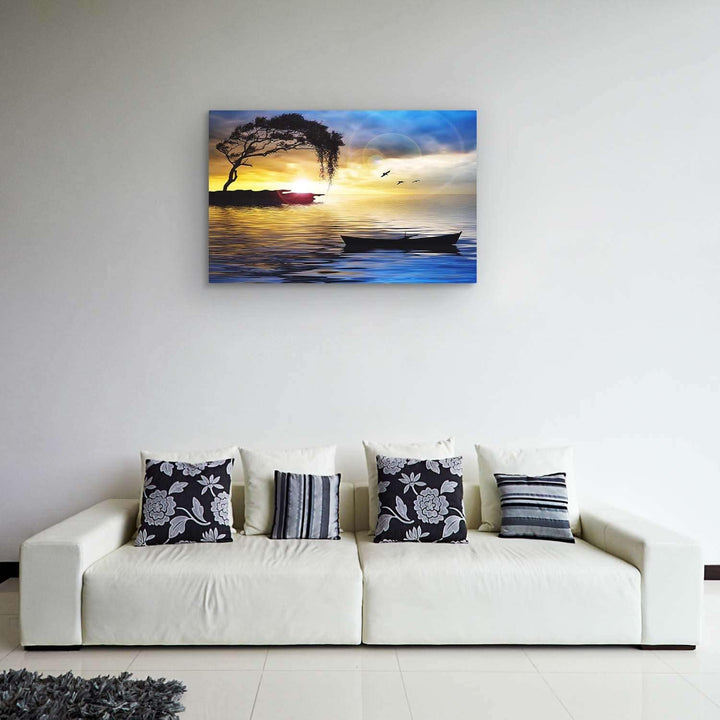 Startonight Bilder Blauer Landschaft Baum, Boot und Meer, Leinwandbilder Moderne Kunst, Abstrakte Wa