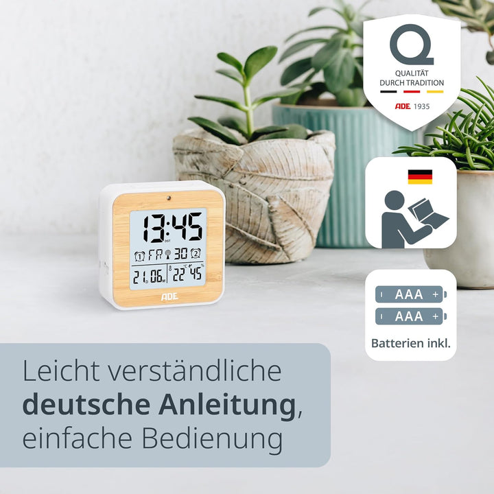 ADE Funkwecker digital mit Batterie | 2 Weckzeiten | Temperaturanzeige | Luftfeuchtigkeit | Gehäuse