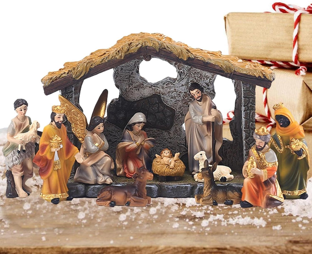 Weihnachtskrippe Komplettset, Weihnachtskrippe mit Figuren, Weihnachtsfiguren Krippe aus Kunstharz,