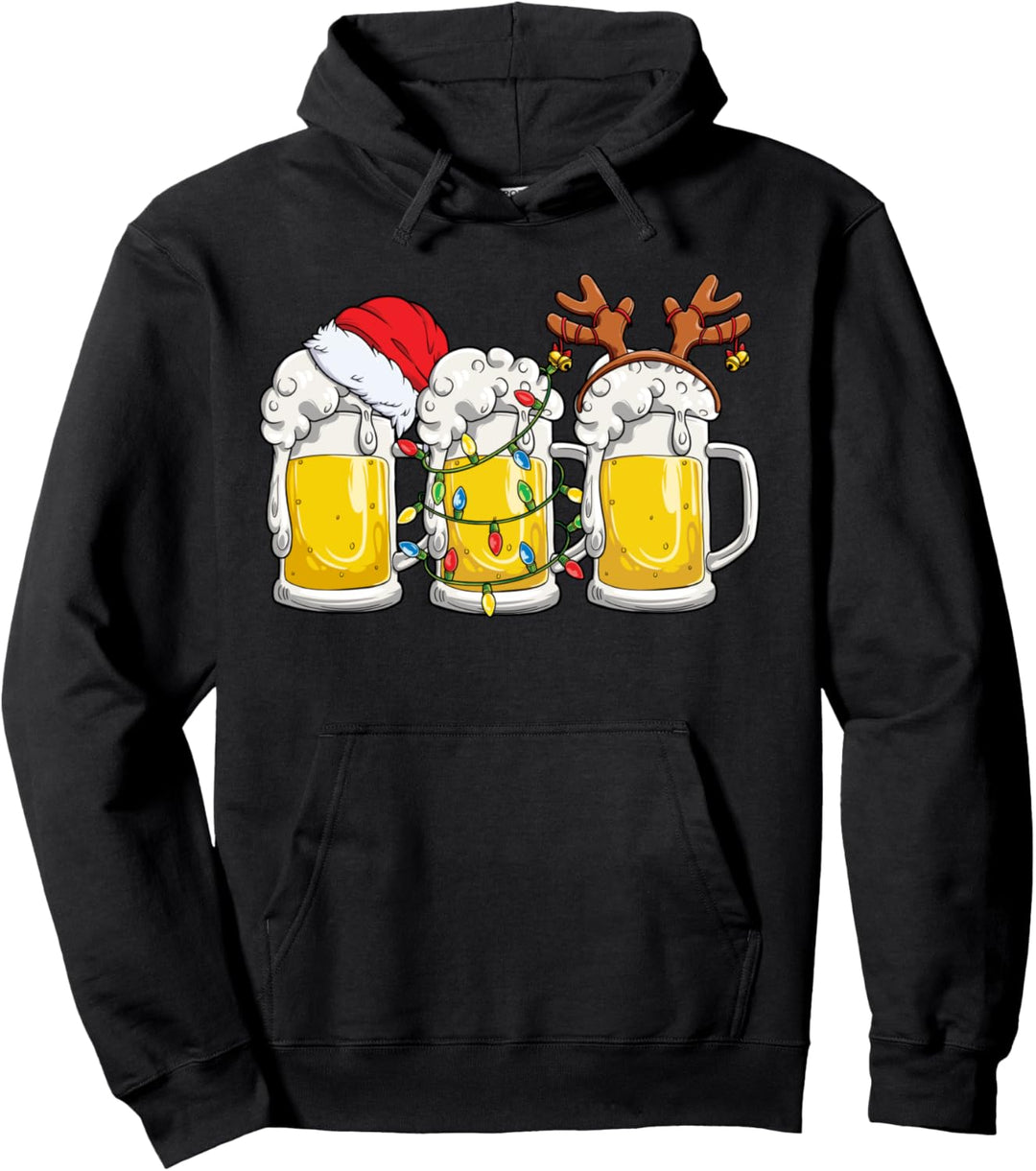 Beer Christmas Mug Santa Reinbeer Xmas lights Gift Men Women Pullover Hoodie