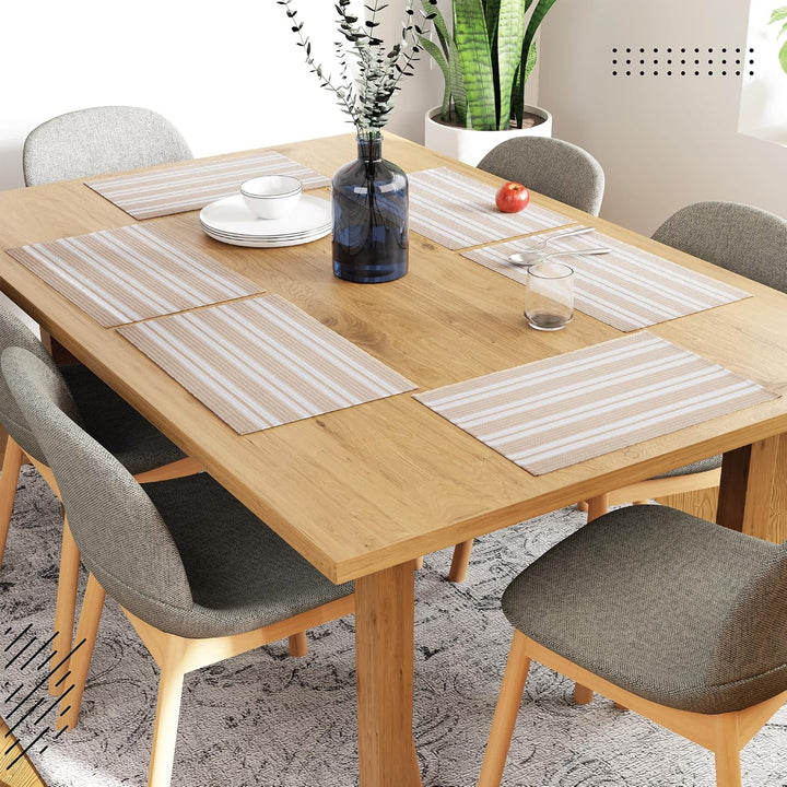 Encasa XO Platzsets Esstisch Set von 6 | Franca Beige Streifen | Fein gerippte Baumwoll-Tischunterla