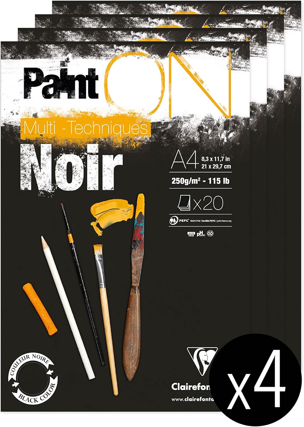 Clairefontaine 975169C - Packung mit 4 Blöcken Paint´ON Noir, DIN A4, kopfseitig geleimt, 20 Blatt,