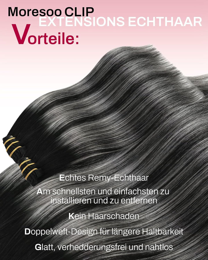 Moresoo Clip in Extensions Echthaar Grau Unsichtbar Haarextension Echthaar Clips Doppelt Tressen Omb