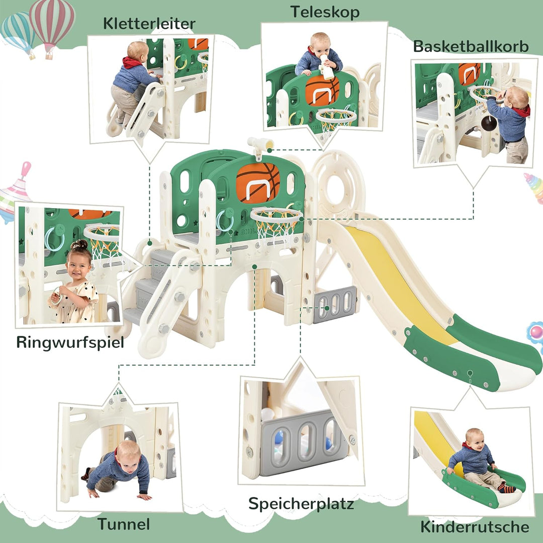 Merax Rutsche für Kinder, 6 in 1 Kinderrutsche mit Basketballrahmen, Klettern, Stauraum, Tunnel, Kin