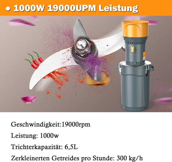 Elektrische Getreidemühle 25L Malzmühle Walzenmühle Schrotmühle aus Edelstahl 1000W 19000r/min für G
