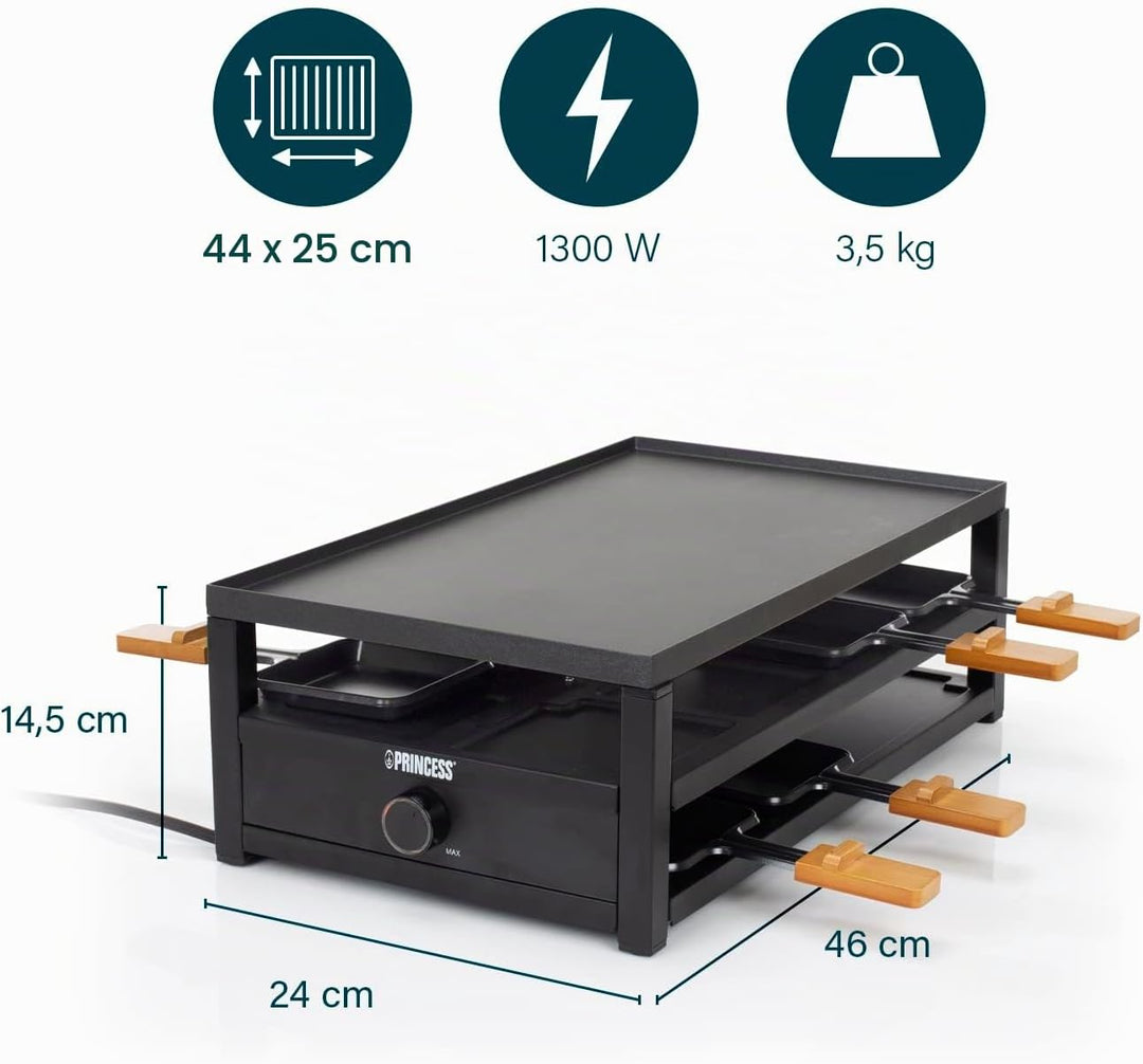 Princess Raclette Black Steel – 8 Personen Parkdeck für Pfännchen grosse Kochfläche 44 x 25 cm regel