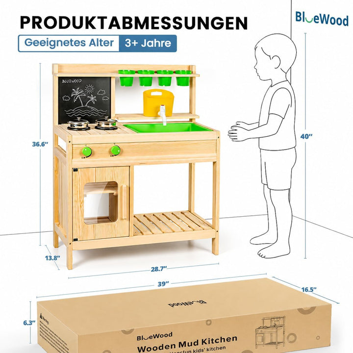 BlueWood Matschküche Kinder Outdoor – FSC Holz Küche mit Wasserhahn, Spielbecken &amp; Stauraum für Gart