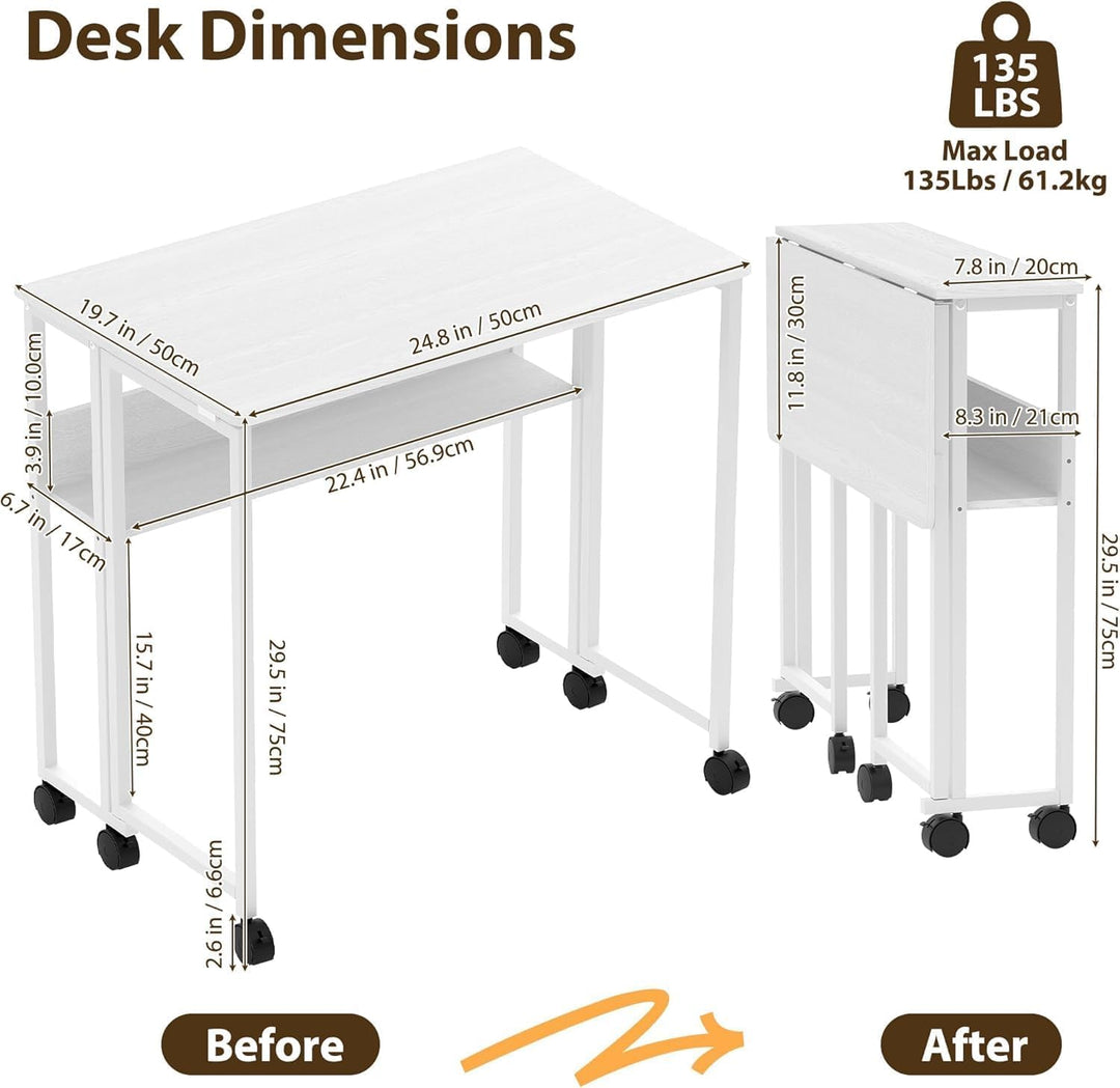 Klappbarer Schreibtisch Mit Rollen Und Stauraum, 63x50x75 cm Platzsparender Computertisch Für Home O