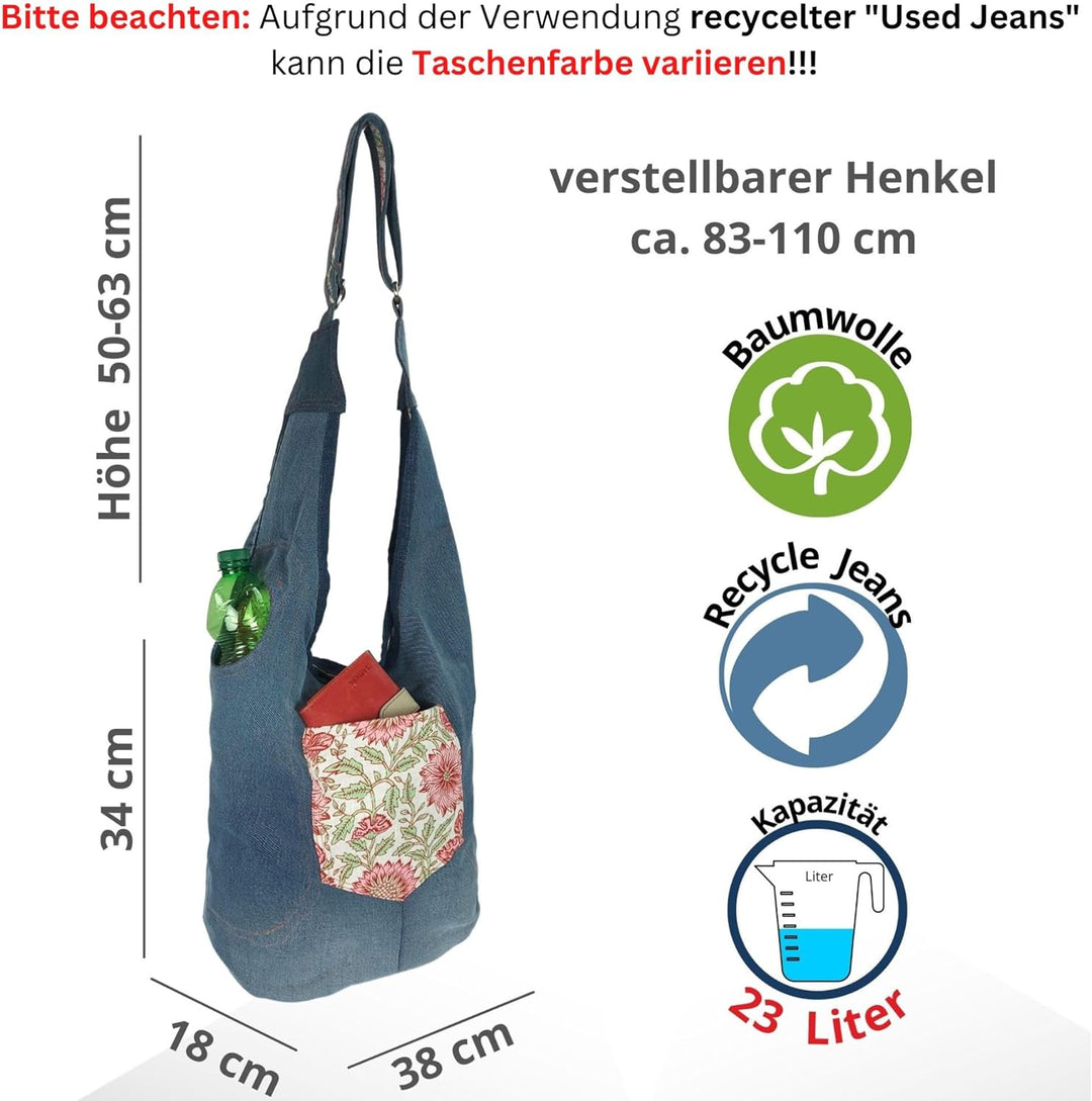Sunsa Damen nachhaltig Hobo Tasche, Umhängetasche aus recycelte Jeans & Baumwolle. Boho Blumig Cross