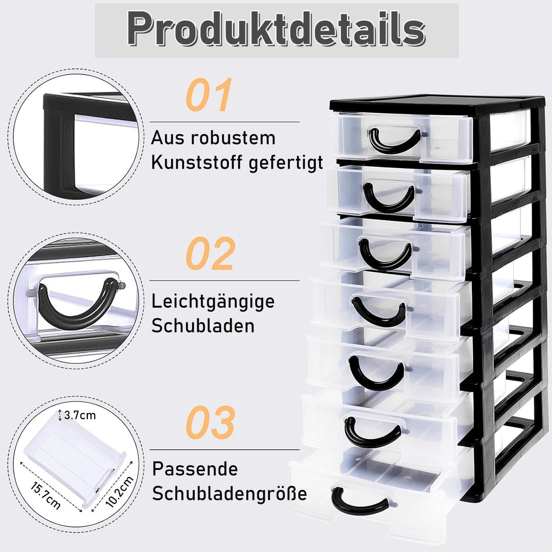 2 Stück Schubladenorganizer aus Kunststoff mit 7 Schubladen, Kleine Aufbewahrungsboxen für Bastelbed