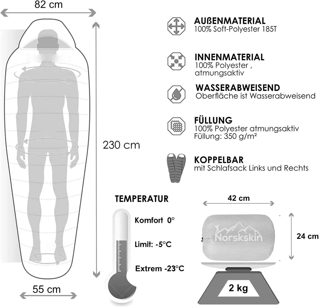 Norskskin Leichter Schlafsack 4 Jahreszeiten 0°C bis -23°C - Mumienschlafsack extra lang (230 x 82 c