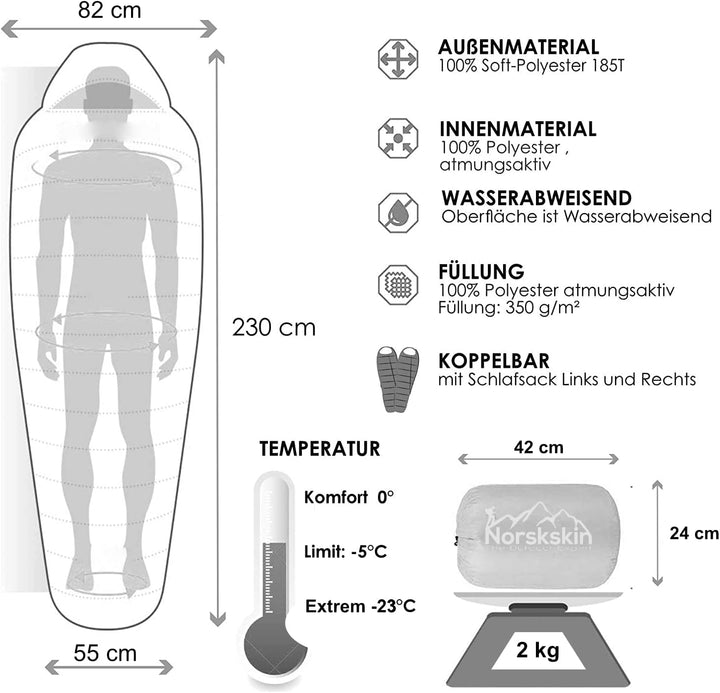 Norskskin Leichter Schlafsack 4 Jahreszeiten 0°C bis -23°C - Mumienschlafsack extra lang (230 x 82 c