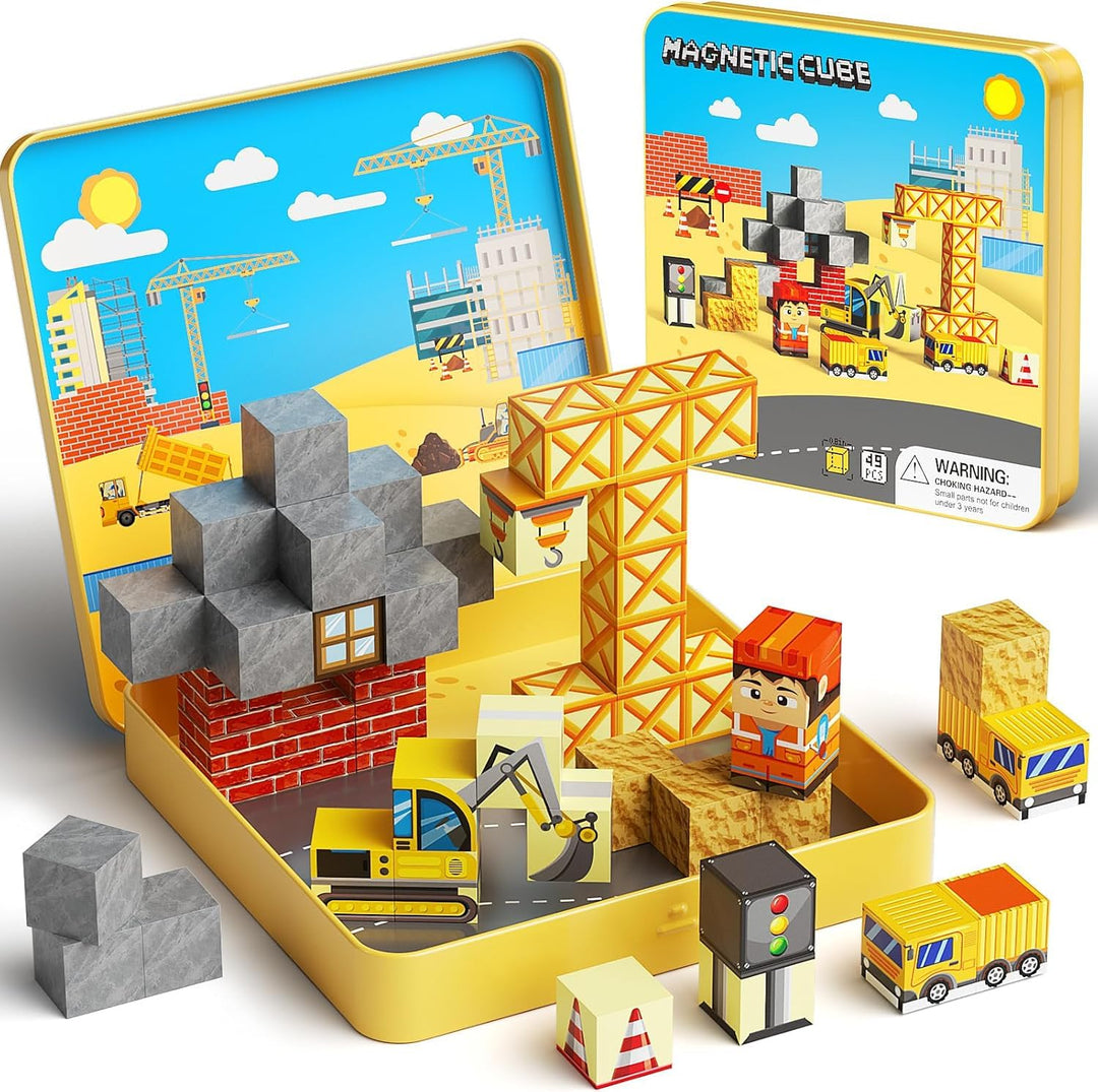 Magnetische Bausteine, 49 Teile Magnetbausteine Reiseset mit Tragbarer Eisenbox für Kinder, Magnetwü