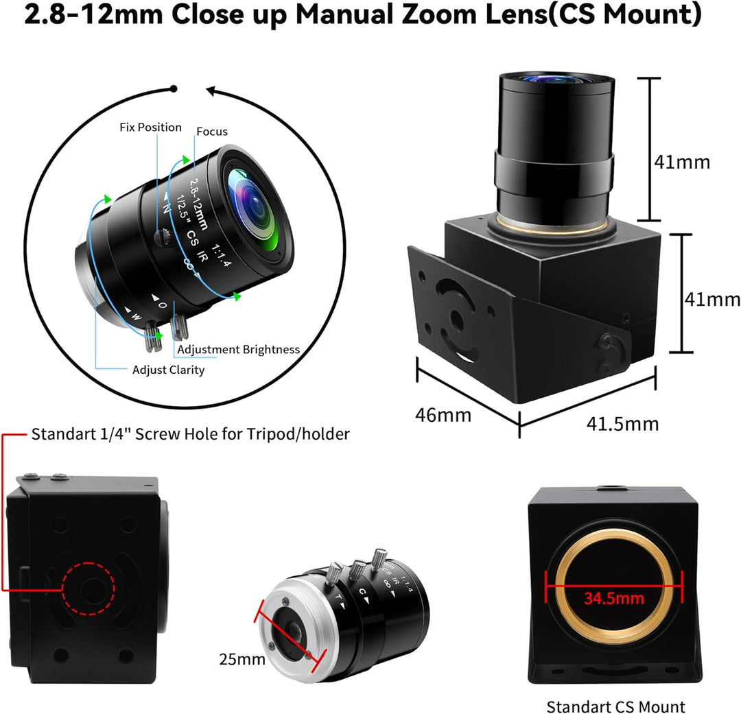 ELP 5 Megapixel USB Kamera CS Mount Webcam mit manuellem Fokus und 2,8–12 mm 4-Fach optischem Teleob