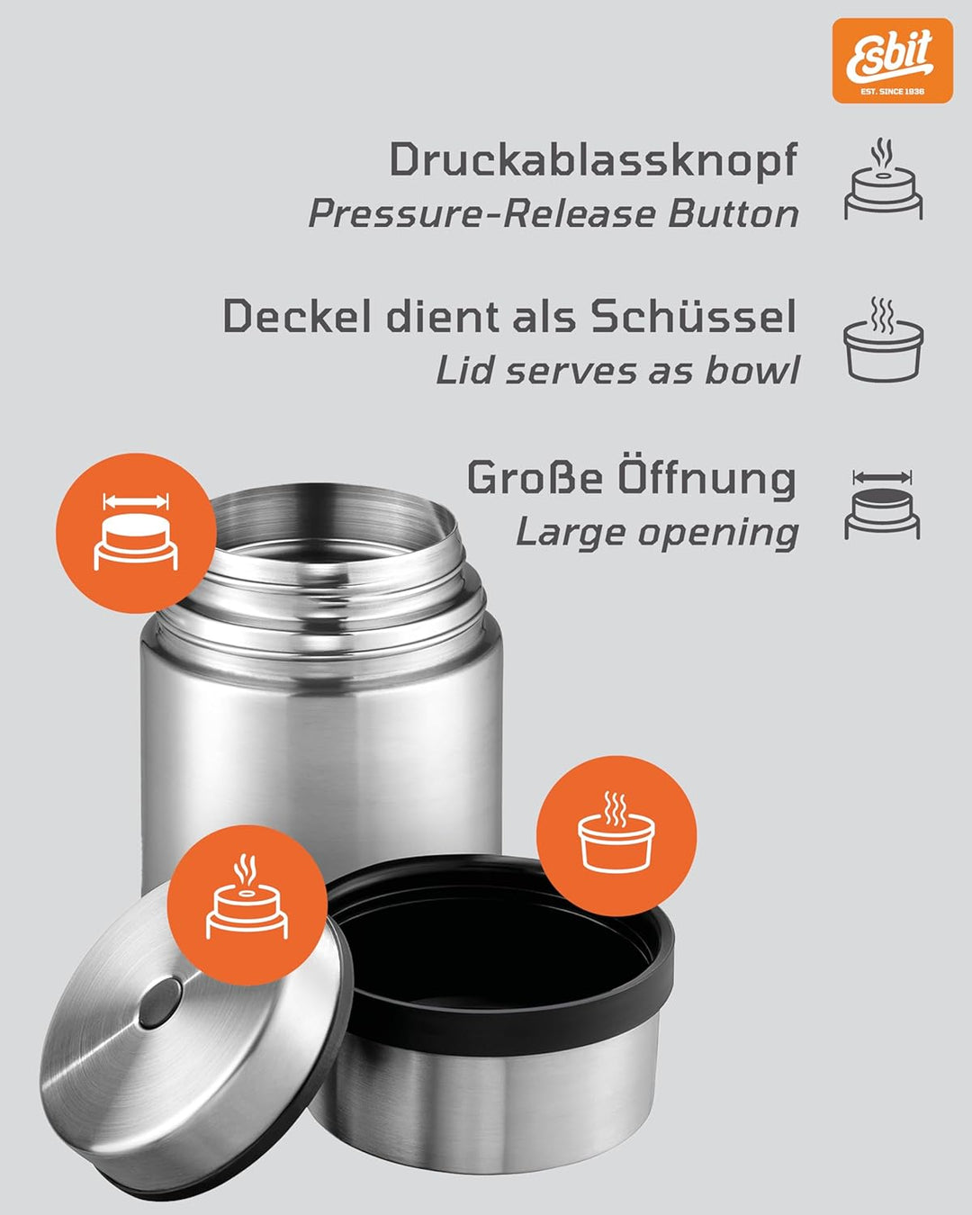 Esbit Thermobehälter Sculptor für Essen - Warmhaltebehälter 750 ml in Edelstahl - aus Edelstahl für