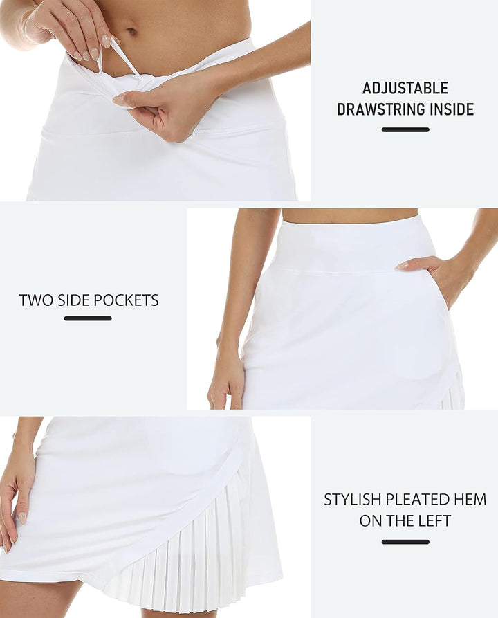 MoFiz Damen Tennisrock Sportlicher mit Shorts Taschen Sommer SkirtRock mit Tunnelzug S Weiss, S Weis