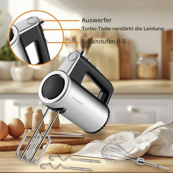 SOKANY 3-in-1 Handmixer SK-02017, 800 Watt Handrührgerät mit 5 Geschwindigkeiten, Edelstahl Rührgerä
