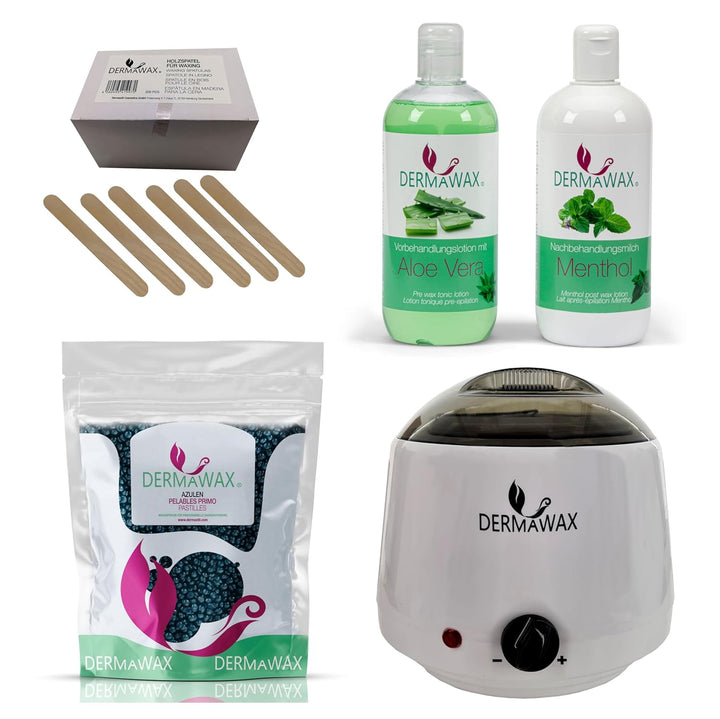 Dermawax Profi Waxing Set- 1000 ml Wachsgerät- Made in Spanien- 1 kg Azulen Wachsperlen- 500 ml Aloe