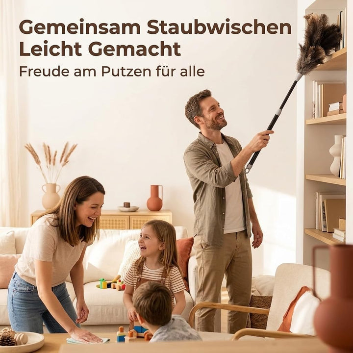 Strauss Staubwedel mit originalen Straussenfedern - Staubwischer mit Teleskopstiel für müheloses Sta