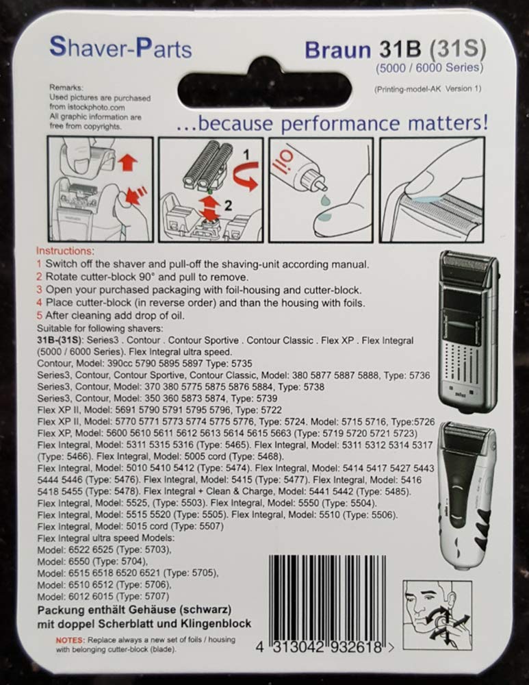 Alternative Braun Elektrorasierer Folie & Cutter-Block (Klinge) Ersatz 31B, (505 Schwarz), kompatibe