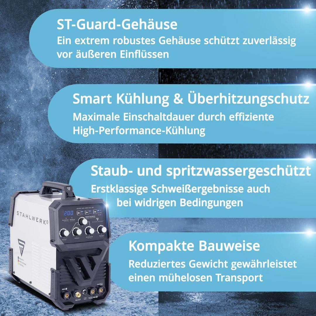 STAHLWERK Schutzgasschweissgerät 3-in-1 Kombi AC/DC WIG 200 CUT ST - WIG & MMA bis 200 A, Plasmaschn