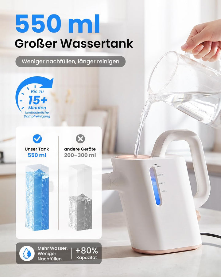 Dampfreiniger Handgerät, 15 Sek. Aufheizzeit, 550 ml Wassertank | 16 Zubehörteile, regulierbarer Dam