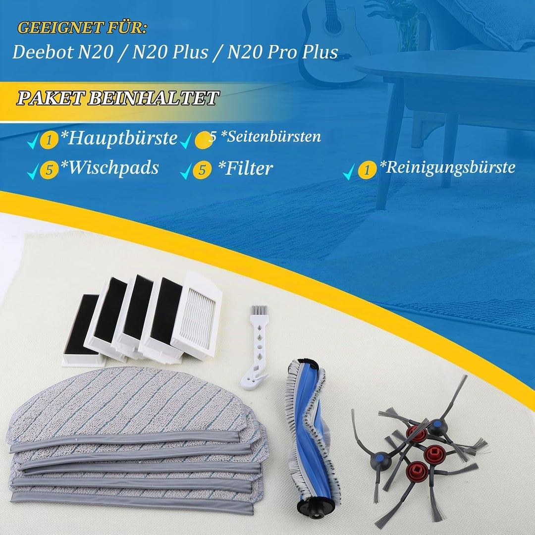 17PCS Zubehör für Ecovacs Deebot N20/N20 Plus/N20 Pro Plus mit 1 Hauptbürste, 5 Mopp, 5 Seitenbürste