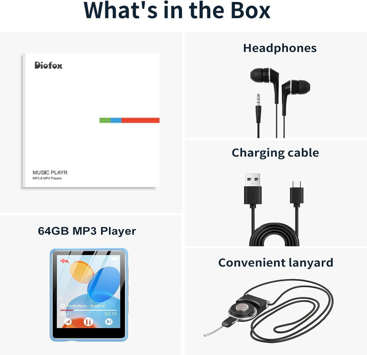 64GB MP3 Player Bluetooth 5.3, Mini Music Player mit Lautsprecher, FM Radio, Diktiergerät, E-Book, H