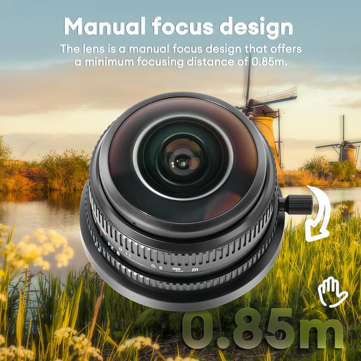 7artisans 4mm F2.8 kreisförmiges Fisheye-Objektiv, 225 ° Ultraweitwinkel, kompatibel mit APS-C Sony
