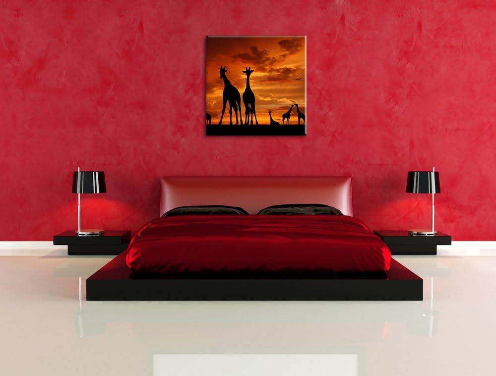 Pixxprint Afrika Giraffen im Sonnenuntergang, Format: 70x70 auf Leinwand, 70x70