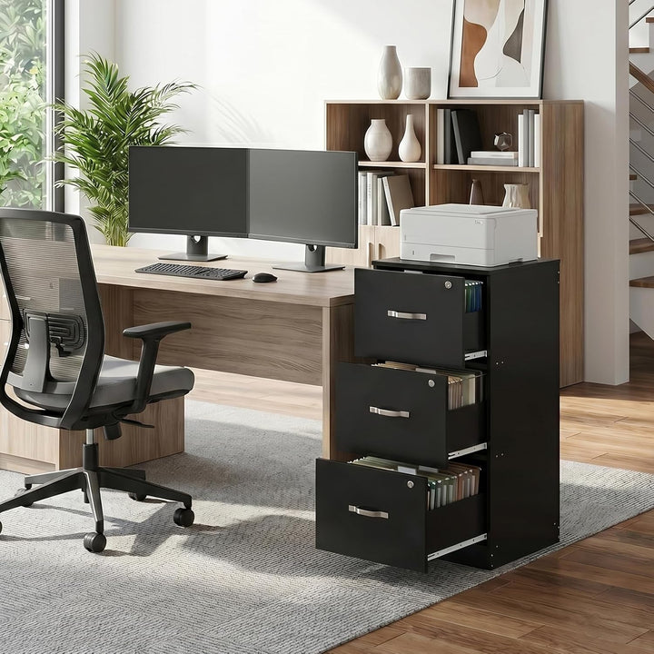 Büroschrank Abschliessbar mit 3 Schubladen, Schubladenschrank 40×41×103.5cm 3 Schubladen-Schwarz, 3