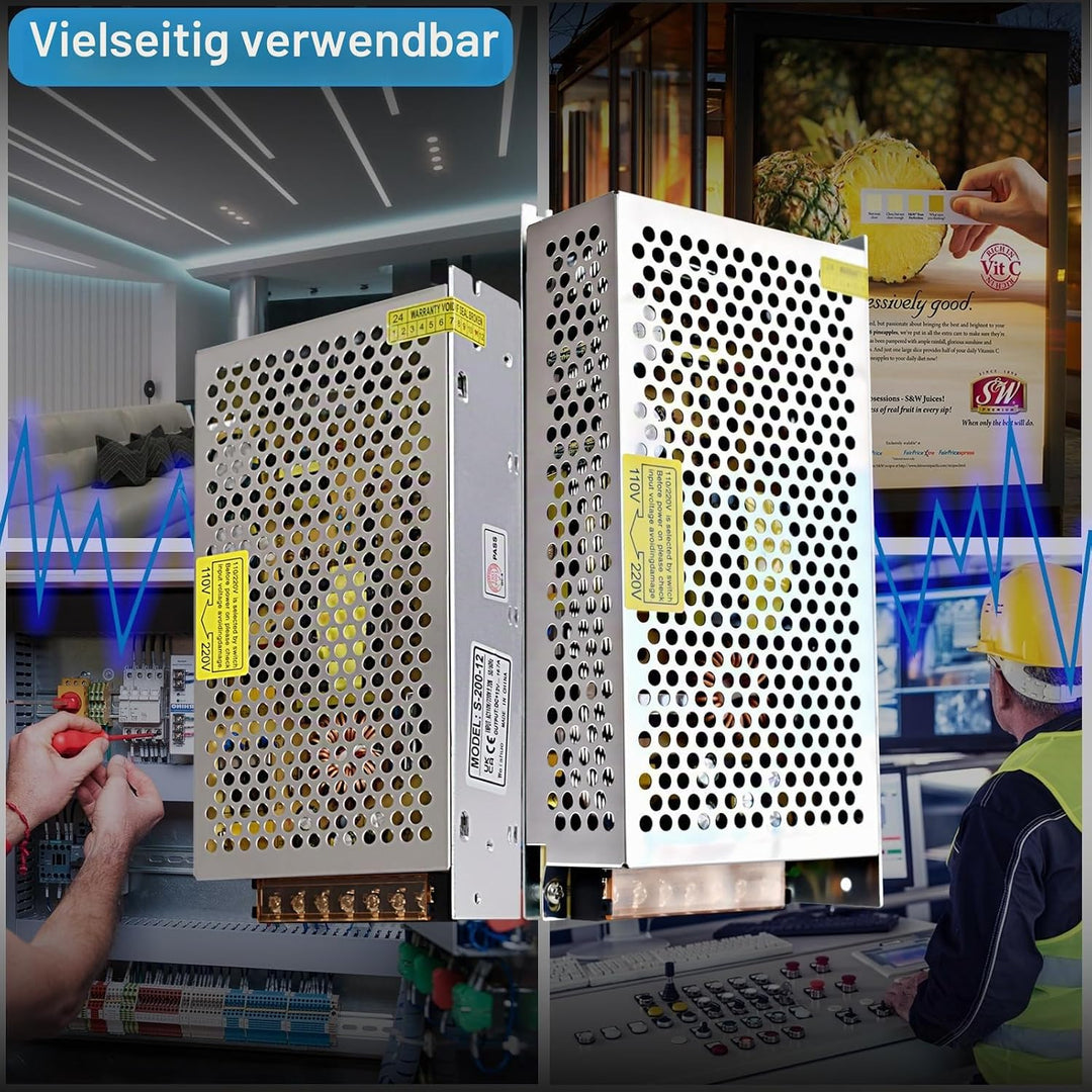 12V 16.7A Schaltnetzteil 200W Netzteil Transformator Diver Adapter für Überwachungskamera, LED-Strei