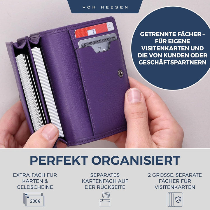 VON HEESEN® Visitenkartenetui Leder mit RFID-Schutz - Platz für 50 Visitenkarten - 6 Fächer - Visite