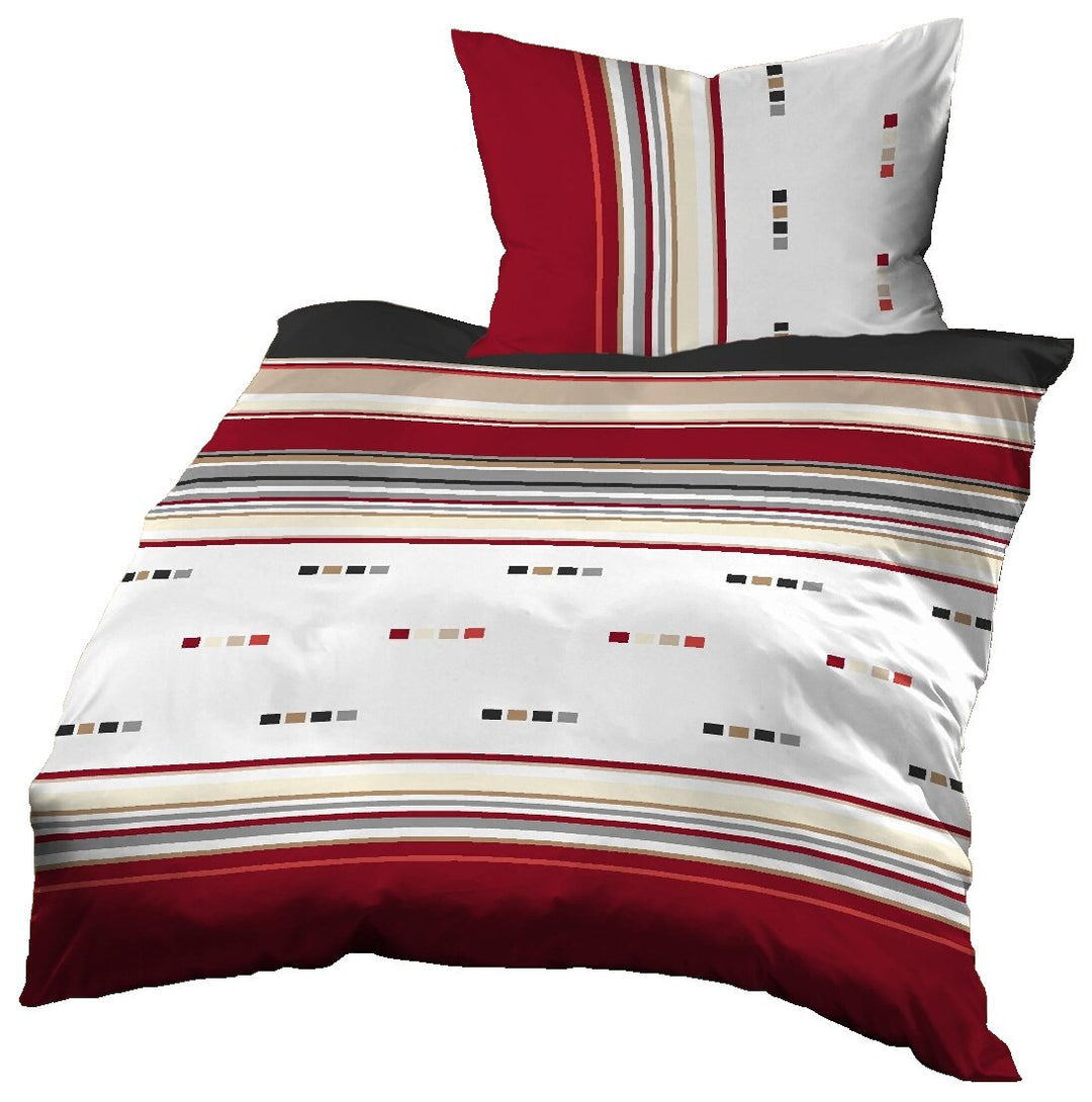 Bettwäsche 140x200 cm + 70x90 cm, Baumwolle Satin, Kariert Rot Weiss Beige, Rot
