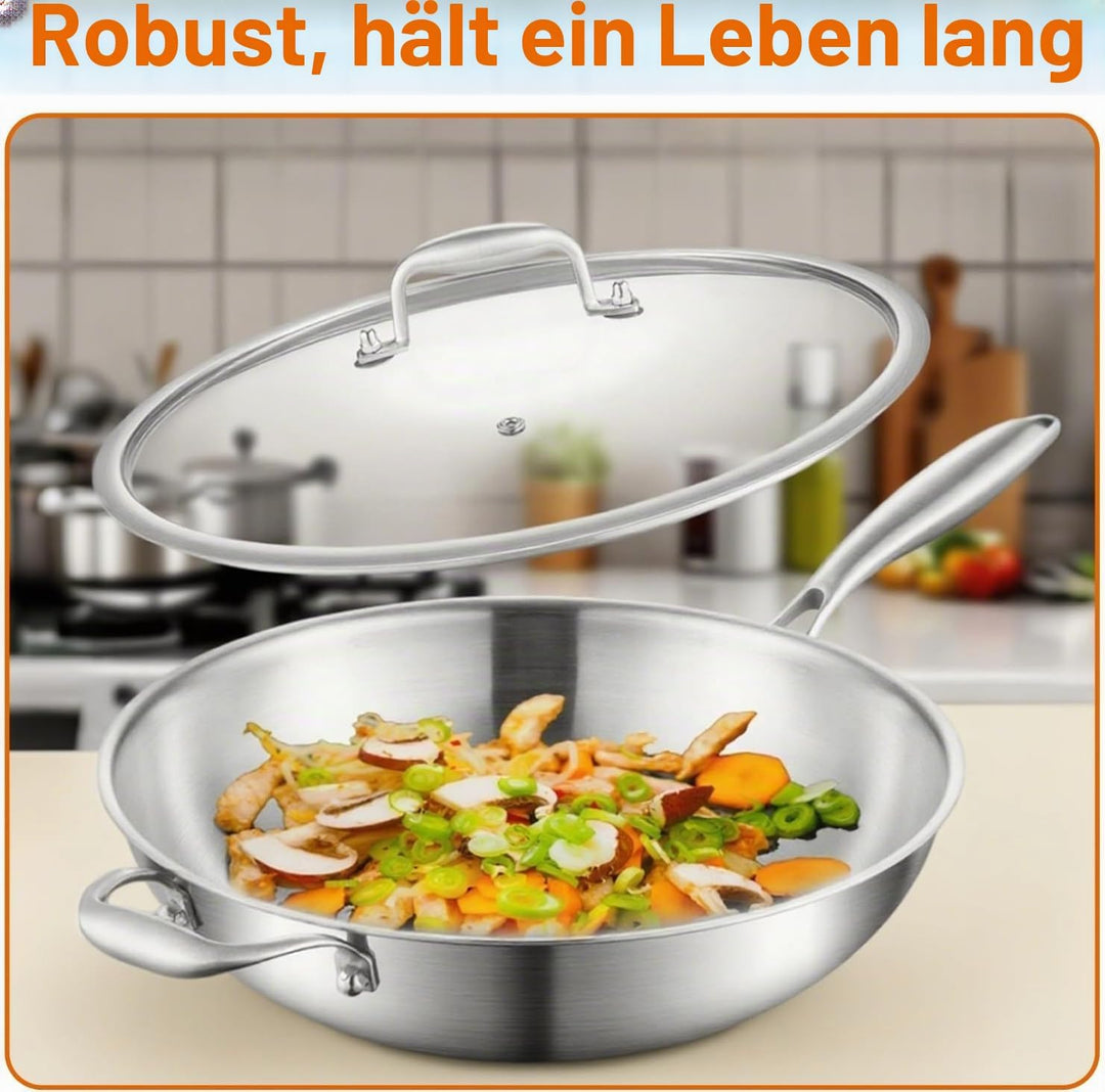 Wokpfanne Induction 28 cm: 3-Schicht Edelstahl Wok Pfanne mit Deckel,Effiziente Heizung,Unbeschichte