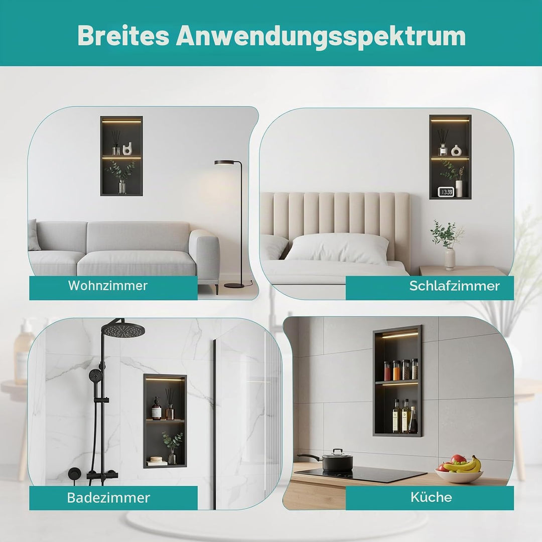 Zyncove Wandnische Dusche mit LED-Beleuchtung (4000K Warmweiss), 304 Edelstahl Duschnische mit Ablag